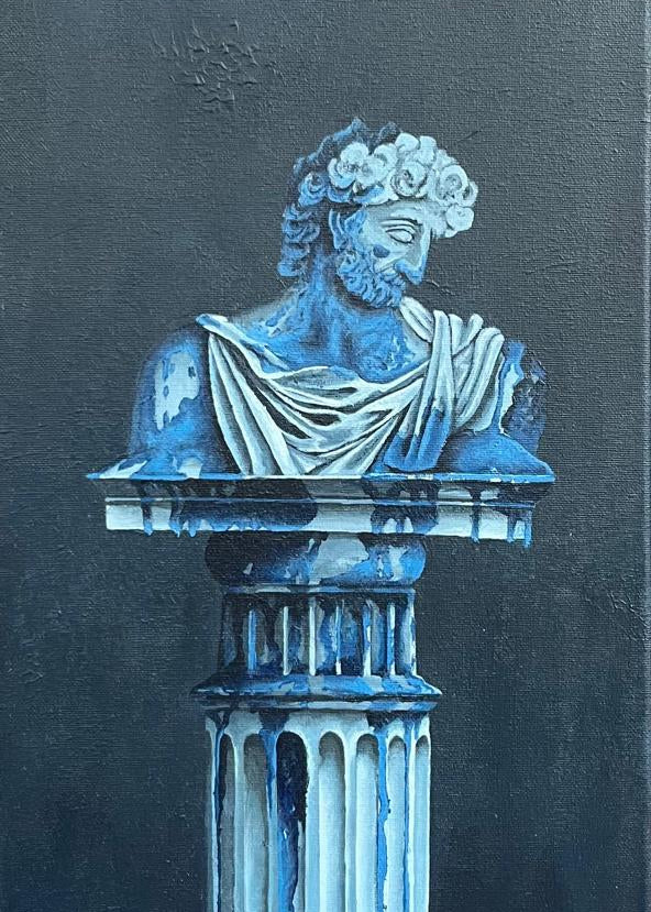 Statue of a classical figure on a column against a dark background