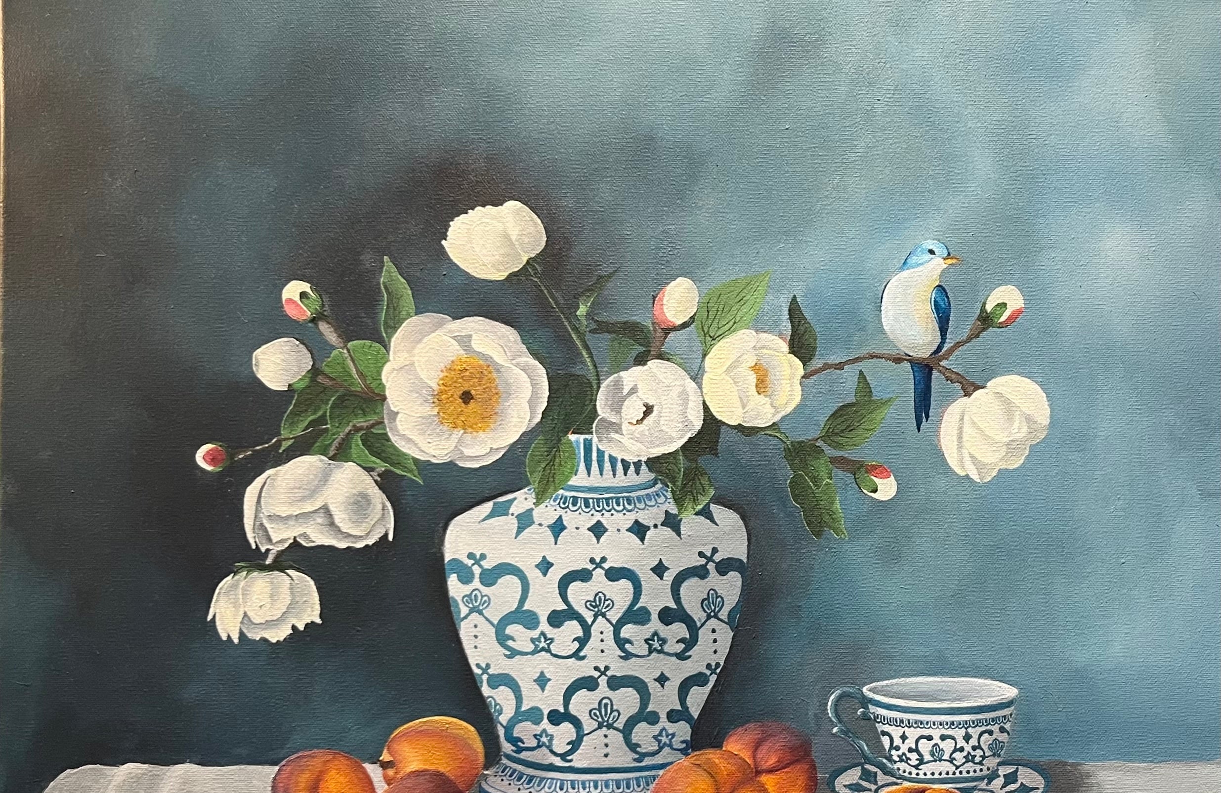 Still life painting with flowers, vase, birds, and fruits on a table.