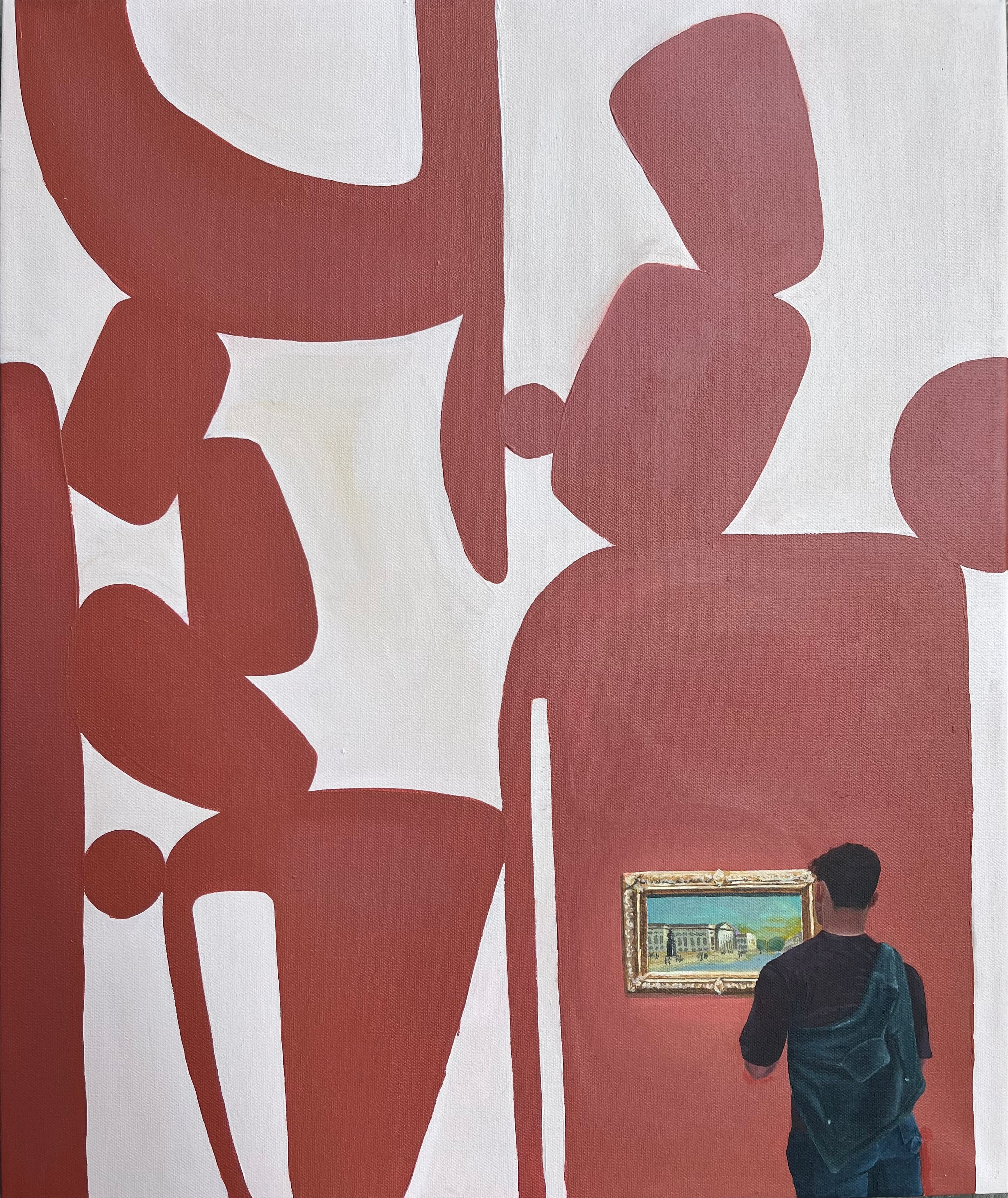 Abstract artwork with large brown shapes and a person looking at a small framed picture.