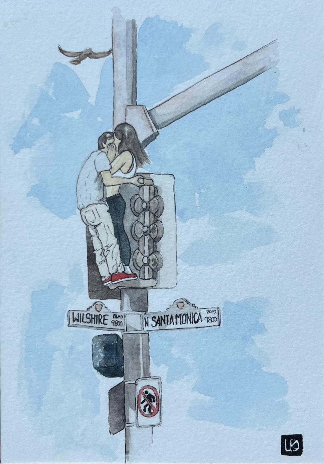 Illustration of a couple embracing on a street sign with a blue sky background